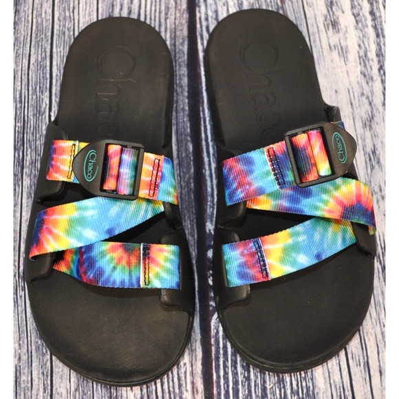 CHACO CHILLOS SLIDE WOMEN'S SIZE 7 SANDALS JCH108782 Black/Rainbow Tie Dye - Picture 1 of 7